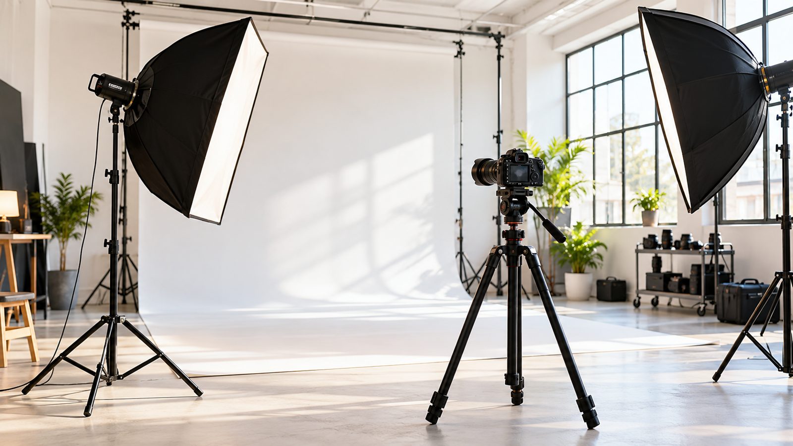 Estúdio fotográfico com softboxes e tripé